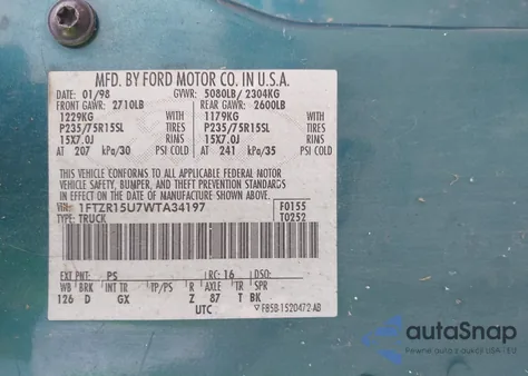 1998 Ford Ranger Splash/Xl/Xlt from USA, damaged, VIN 1FTZR15U7WTA34197